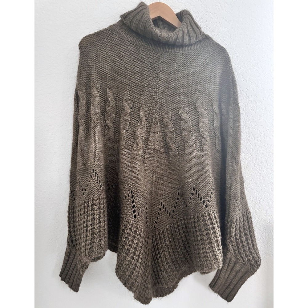 Iperico Italy Cabin Brown Wool Mohair Blend‎ Chunky Cable Knit Poncho Sweater OS